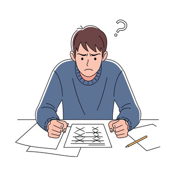Confused man, puzzled person, frustrated student, thinking face, unsure expression, vector illustration