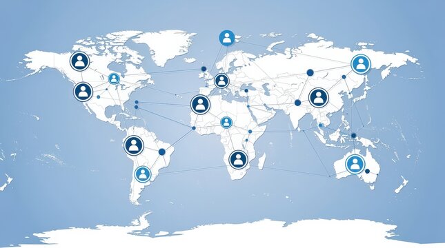 A global digital network map showing interconnected user icons across continents on a world map background.