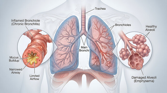 Anatomical illustration of human lungs showing inflamed bronchiole, mucus buildup, limited airflow, and damaged alveoli