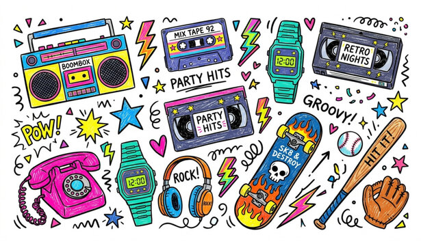 Hand drawn 80s 90s retro music and skateboard sticker elements vintage doodle vector illustration