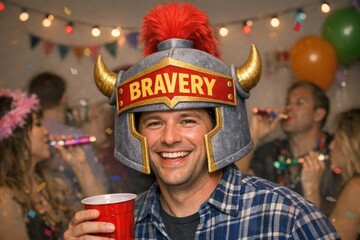 Obraz premium A person wearing a helmet holds a cup in his hand