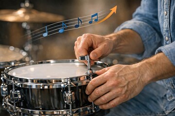 Obraz premium A musician playing a drum with musical notes floating out, great for music-related themes and projects