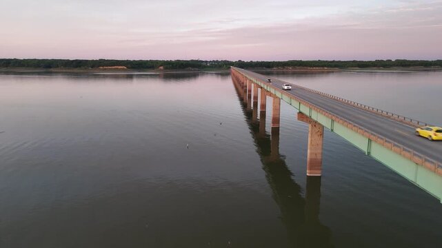 Aerial Drone View of Mile ong Bridge over Saylorvill Lake, Iowa