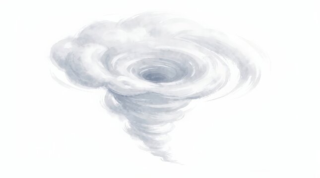 A watercolor illustration of a tornado funnel with swirling clouds and a dynamic, spiral shape.