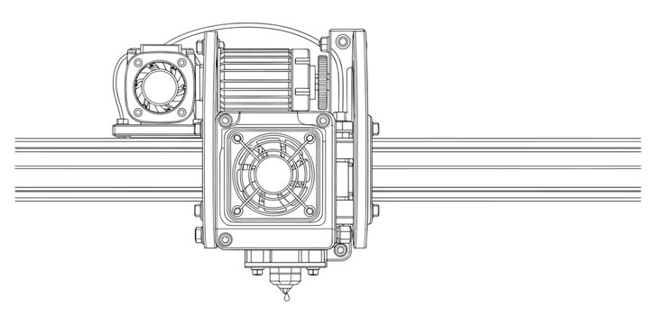 Technical drawing of three dimensional printer extruder head and motor assembly component.