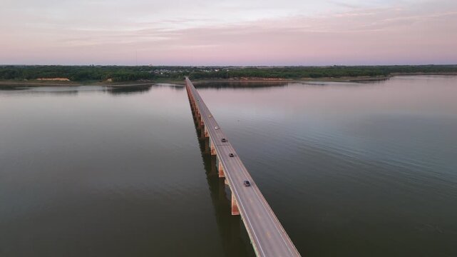 Aerial Drone View of Mile ong Bridge over Saylorvill Lake, Iowa