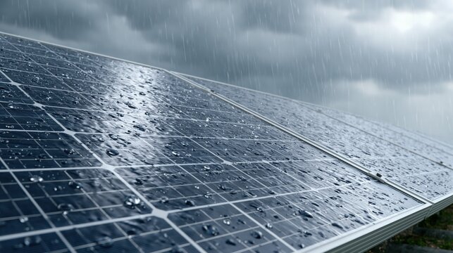 Close-up of wet solar panels on a modern roof during heavy rain