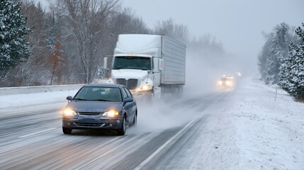 Obraz premium Car driving behind a large truck on a slushy winter highway with poor visibility