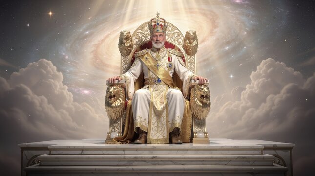 A majestic king in golden robes and crown sits on an ornate lion-themed throne with a cosmic galaxy swirling behind him and clouds surrounding the scene.