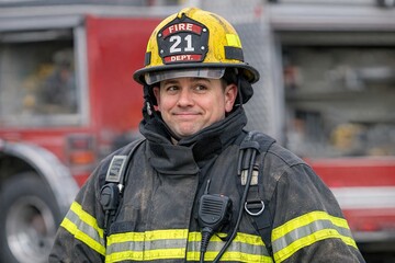 Obraz premium A firefighter standing in front of a fire truck, ready for action