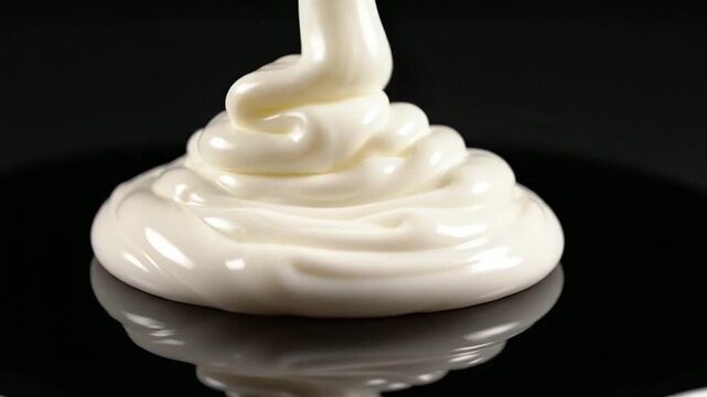 Elegant Creamy White Sauce Flowing on Glossy Black Surface for Culinary and Beauty Applications
