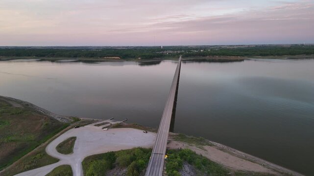 Aerial Drone View of Mile ong Bridge over Saylorvill Lake, Iowa