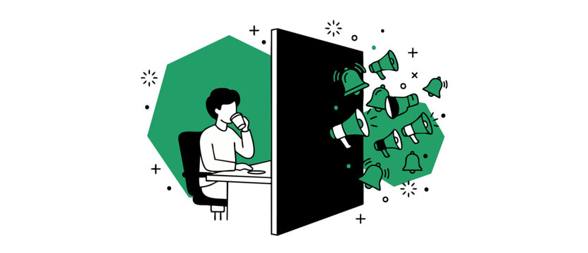 Man blocking digital noise notification at desk with soundproof wall. Calm employee ignores loud megaphones and notification bells, maintaining productiveness, focus, mental health, and peace of mind.