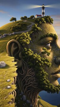Surreal Land Profile of Human Face Hidden in Giant Forest Cliff