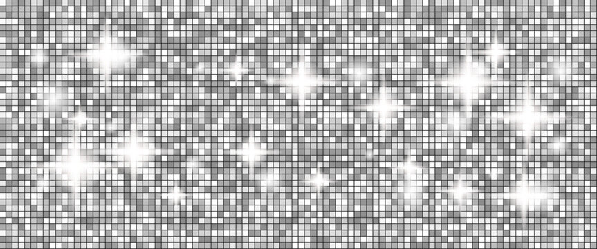 Disco ball with silver sequin and glam white mosaic on grey grid for night Christmas party template. Texture wall, shiny glass tile, plus disco ball glitter. Vector pattern bg in luxury shine.