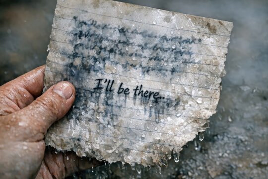 A person holds a piece of paper with handwritten notes or message