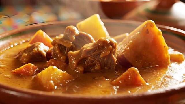 Hearty Beef Stew with Potatoes and Carrots Steaming Hot.