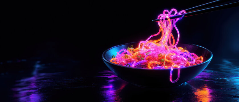 Neon noodle chopstick bowl asian food glowing long exposure still life dark background