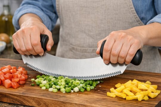 A person is shown cutting vegetables with a knife on a cutting board, a common kitchen scene