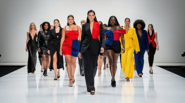 Diverse models confidently walk a runway showcasing bold, colorful, and stylish modern fashion designs in a high-energy fashion show.