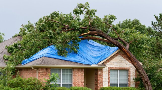 Fallen tree crushes suburban house roof covered with blue tarp after storm damage