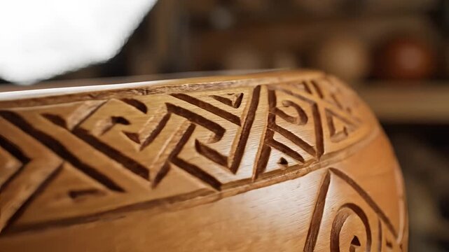 Intricate Wood Carving Detail on Ancient Artifact.
