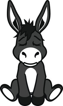 Cute sad cartoon donkey character sitting with closed eyes, unhappy little baby burro vector illustration isolated on white background