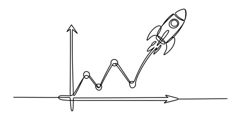 Rocket ship launching upwards from a fluctuating stock market graph line, representing growth and success © DCB Line Stocker