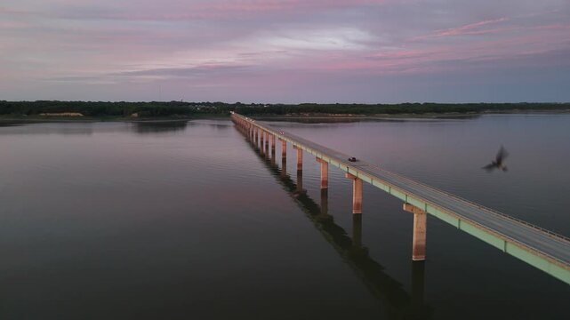 Aerial Drone View of Mile ong Bridge over Saylorvill Lake, Iowa
