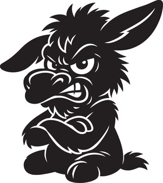 Angry cartoon donkey mascot sitting with crossed arms, fierce grumpy burro character black and white vector illustration isolated on white background
