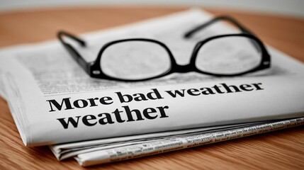 Fototapeta premium Newspaper headline about bad weather with reading glasses on top