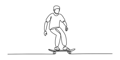 Continuous line drawing of a person riding a skateboard, simple black and white illustration of a skater performing a trick. © DCB Line Stocker