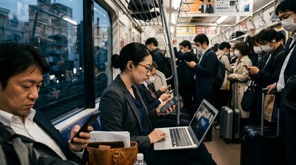 Fototapeta premium Commuters Using Smartphones on Crowded Public Transport During Rush Hour