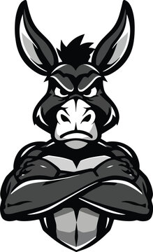 Strong muscular donkey mascot with crossed arms looking forward, tough angry burro bodybuilder character grey vector illustration isolated on white background