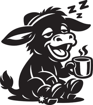 Tired cartoon cowboy donkey waking up with hot coffee mug, sleepy burro character with zzz sleeping sign black and white vector illustration isolated on white background