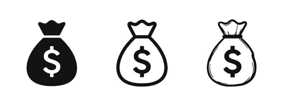 Money Bag with Dollar Sign Icon Set, Vector Illustration of Sacks of Cash in Different Styles