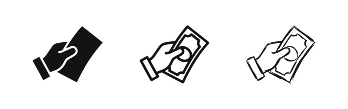 Hand Holding Cash Banknote Icon Set, Payment and Transaction Concept Vector Illustration