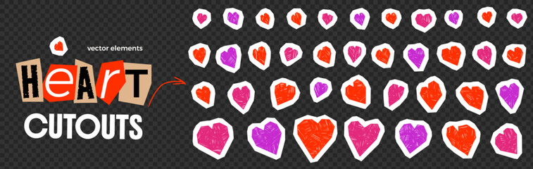 Fototapeta premium Heart collage with paper cutout and sticker shapes with torn icon edges for scrapbook. Bright pink red purple hearts ripped from craft paper. Vector graphic papercut pack on black isolated.