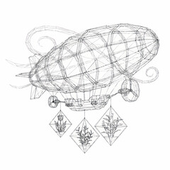 Detailed sketch of an airship with hanging decorative elements. © Maonah