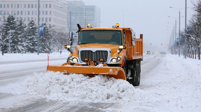 Municipal snow plow clearing slush from a city street during a winter storm