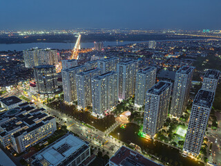 Night aerial panorama of Minh Khai Street and modern residential towers in Hai Ba Trung District, Hanoi, Vietnam. © Hanoi Photography