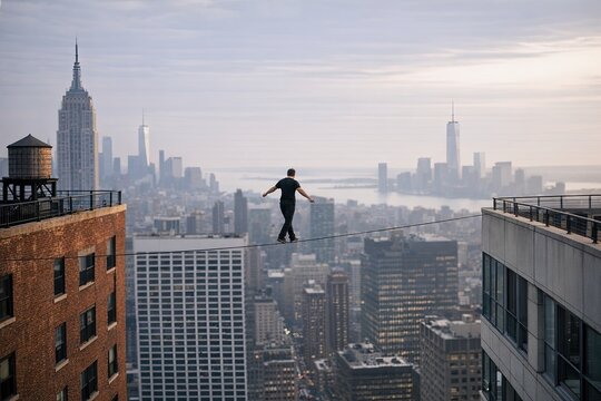 A person walks on a tight rope suspended high above a bustling city, with skyscrapers and buildings in the background
