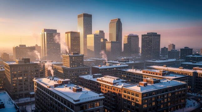 A winter cityscape at sunrise with snow-covered rooftops and steam rising from buildings in an urban downtown area.