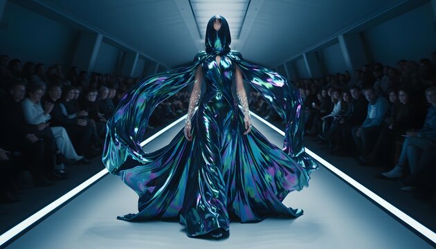 Model on a futuristic runway wearing a dramatic iridescent hooded gown with flowing capes and fabric presented to a seated audience