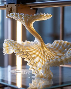 Medium shot of flexible material 3D printing in progress capturing dynamic movement and elastic characteristics for customizable lighting prototypes.
