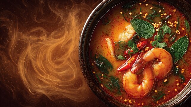 Spicy Tom Yum Goong Shrimp Soup for Authentic Thai Culinary Experience with Exotic Flavors, Traditional Cuisine, and Gourmet Seafood
