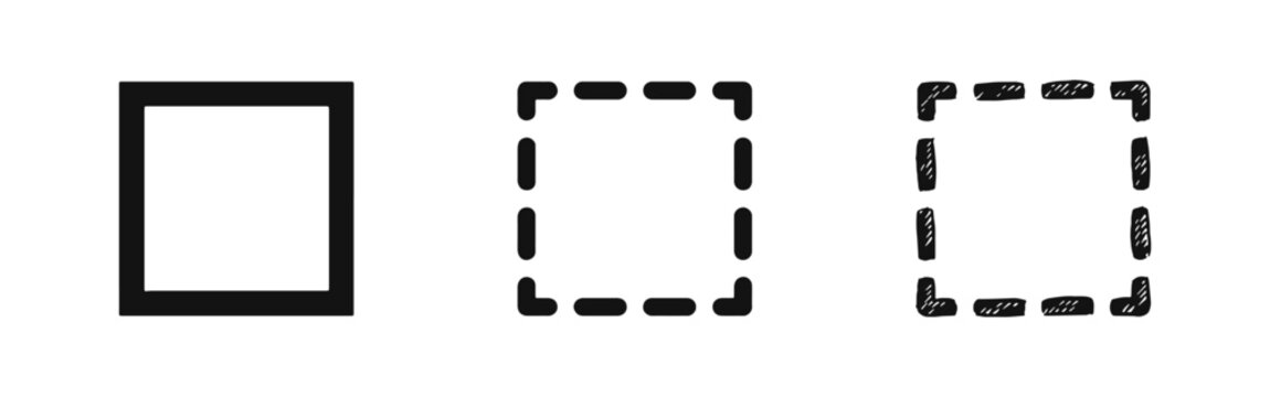 Square Frame and Selection Area Icon Set in Solid Dashed and Hand Drawn Styles