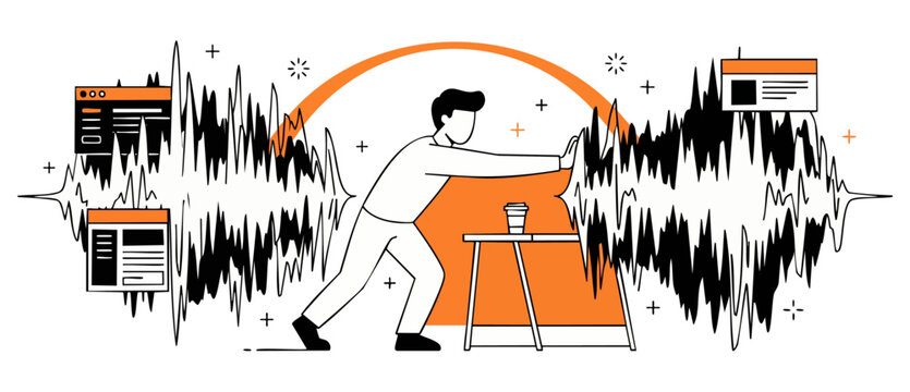 Audio engineer pushing sound wave illustration, sound designer managing digital music waveforms at clean minimalist workspace desk, flat vector art voice recording and processing technology concept.