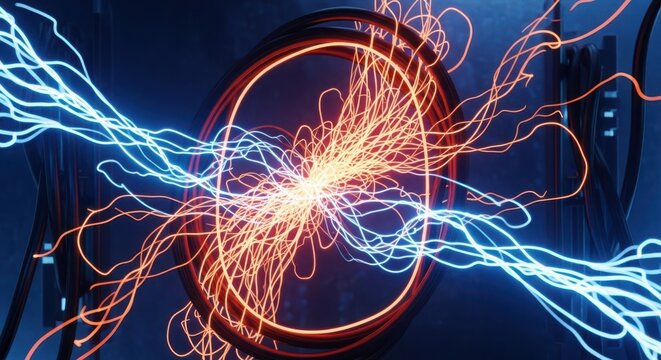 Abstract depiction of electrical energy surge and chaotic feedback loop failure with vibrant glowing arcs of blue and orange light