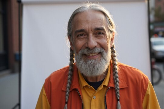 A middle-aged to elderly man with gray braids and beard poses directly in front of a white backdrop, surrounded by a blurred urban environment.